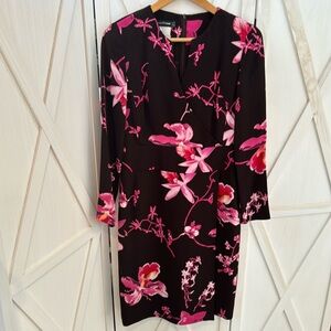 Louis Féraud Vintage Silk Floral Long Sleeve Midi Dress